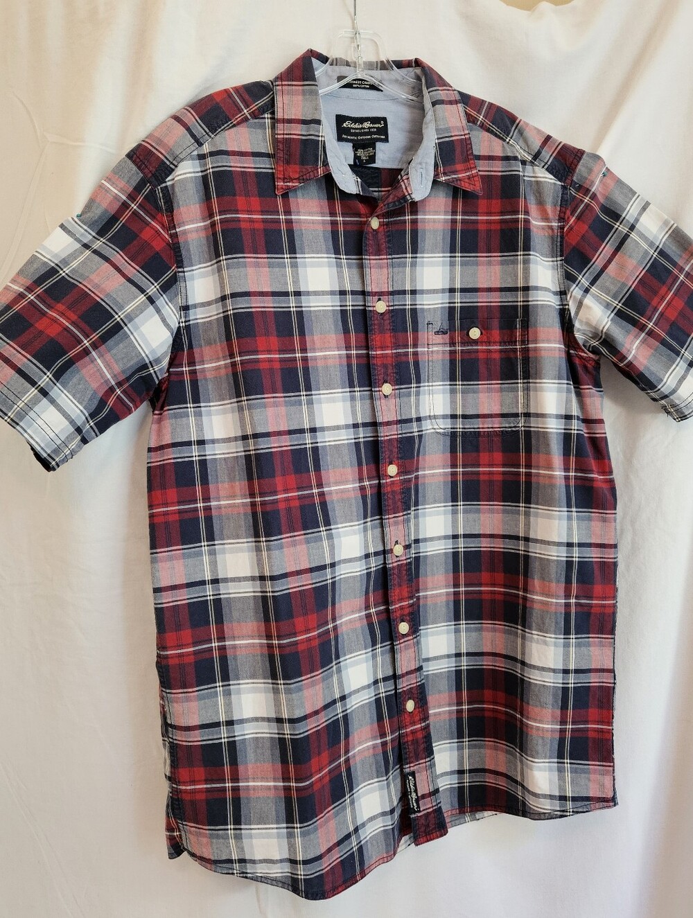 Eddie Bauer Red White Blue Plaid Shirt Northwest Chambray Men’s LT